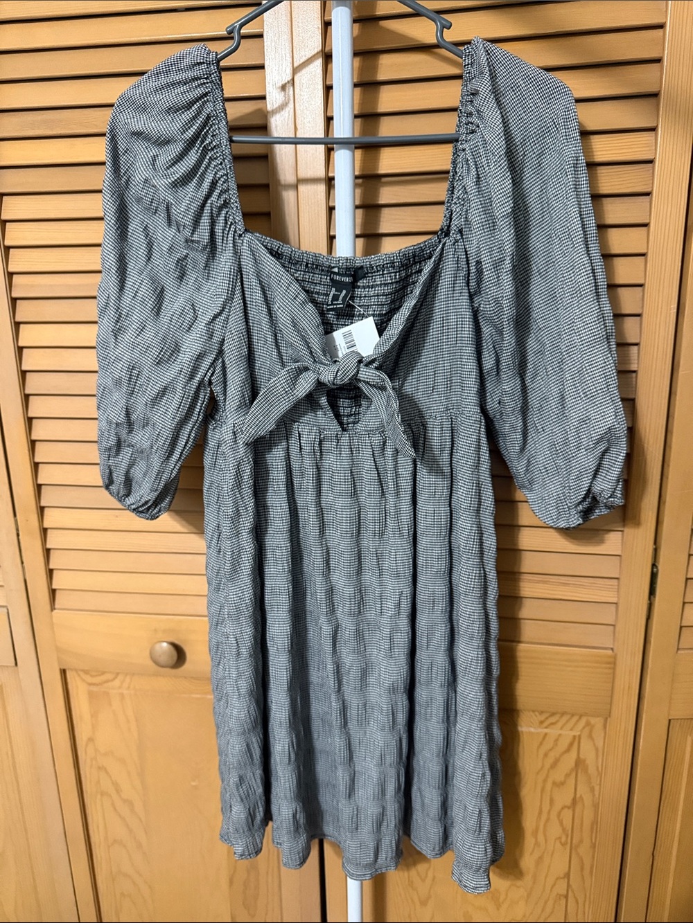 Forever 21 Gray Puff-Sleeve Tie-Front Mini Dress